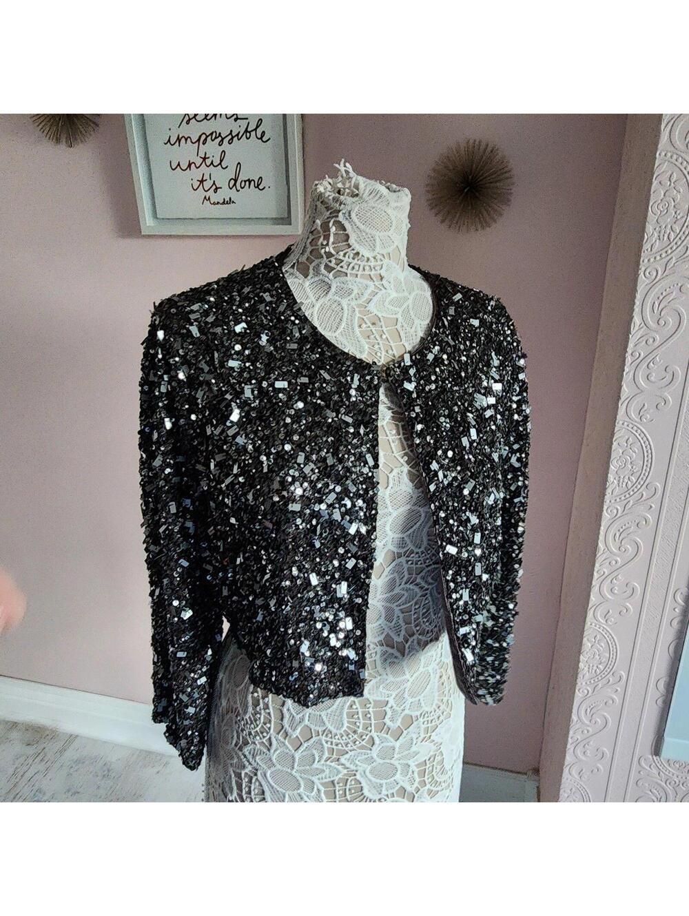 Lafayette 148 New York Sequin Cropped Jacket Taupe Gray Open Front 16